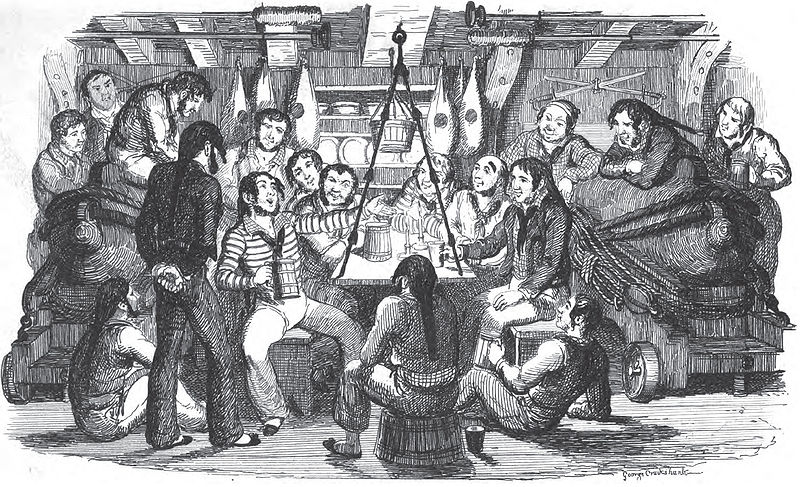 Fo'c'sle Banner, a cartoon depiction of many folks singing, presumably on a ship