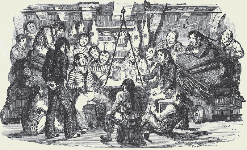 Fo'c'sle Banner, a cartoon depiction of many folks singing, presumably on a ship, named Saturday Night at Sea, by George Cruickshank